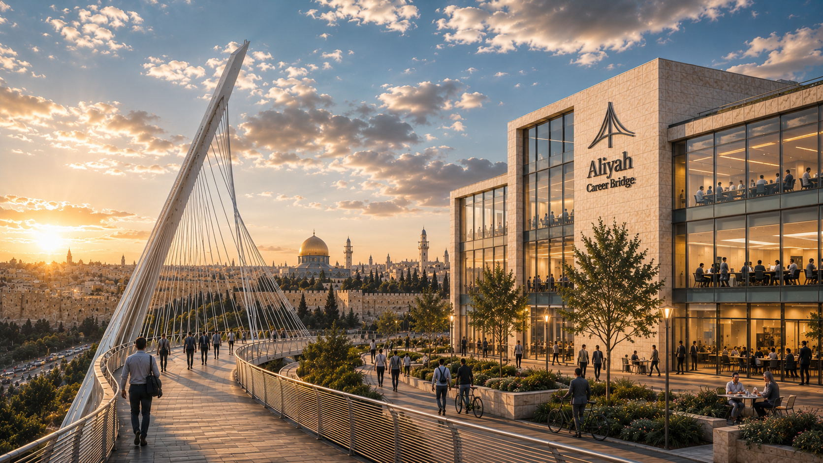 Sunset view of Jerusalem with the Chords Bridge leading to a modern campus